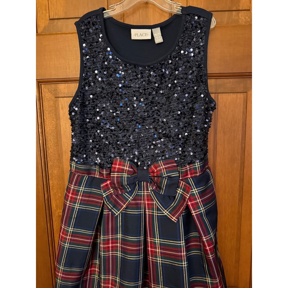 The Children's Place Sequin Plaid Dress Girls L 10/12 Blue Holiday Festive Party